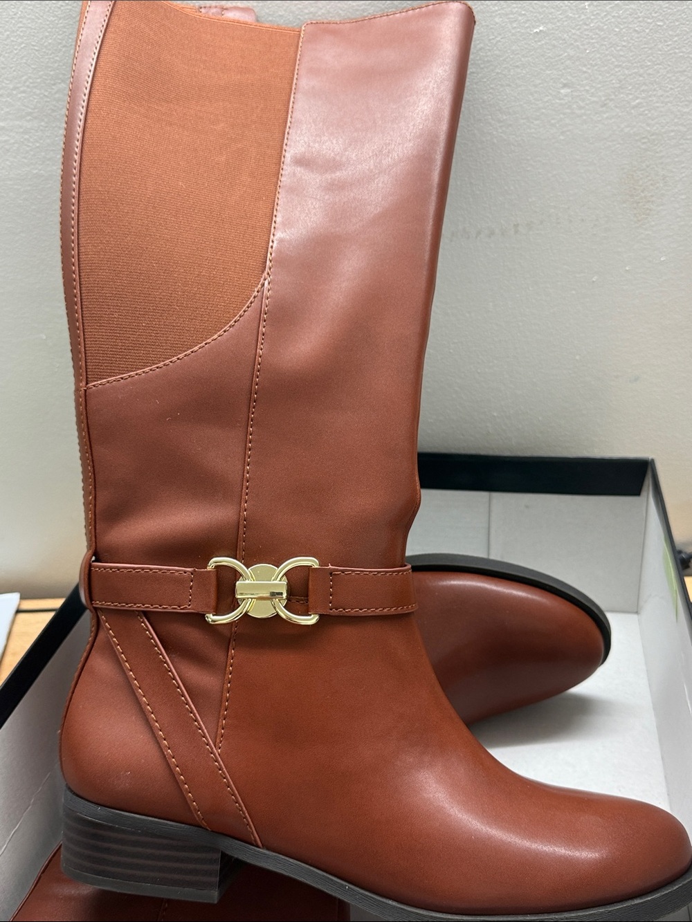 INC FARONP Women's Cognac Mid-Calf Leather Boots with Gold Accent Size 9.5